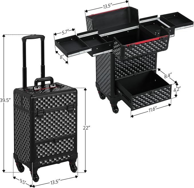 Yaheetech Rolling Makeup Train Case with a Drawer Nail Trolley Black/Red | Sturdy ABS & aluminum nail cart organizes beauty supplies in side trays and a drawer, rolls smoothly & lockable for travel - Image 5