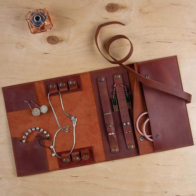 Jewelry Leather Organizer. Mothers Day Leather Organizer. Jewelry Roll. Jewelry Holder. Travel Jewelry Case. Birthday, ChristmasGift. (Brown) by STAMESKYleatherwoodcraft