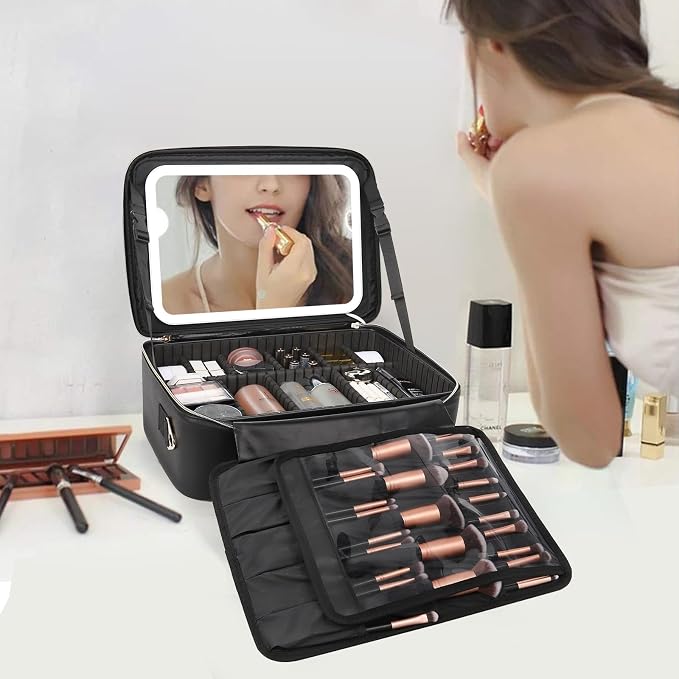 Chomeiu Makeup Bag with LED Mirror, Large Train Case for Makeup Artists, 16.2 inches Travel Professional Cosmetic Organizer with Light Up Mirror, 3 Color Lights, Adjustable Dividers & Shoulder Strap - Image 6