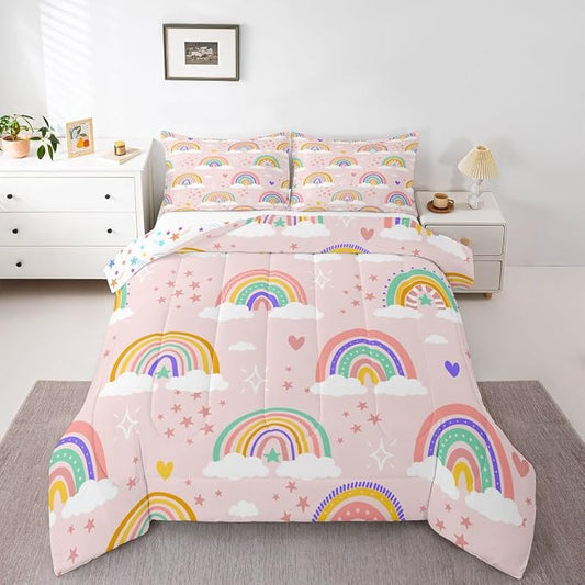 Erosebridal Girls Rainbow Bedding Set, Love Heart Comforter Set Full Size for Kids Boys Children Cartoon Girly Bedding Comforters Iridescent Soft Microfiber Duvet Insert for Bedroom Decor, Pink by Erosebridal