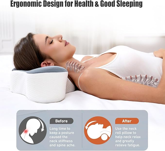 Bespilow Travel Cervical Pillow for Bed Sleeping, Small Memory Foam Neck Pillow with Cooling Washable Cover, Compact Ergonomic Neck Support Pillows for Car Camping, RV, Road Trip & Passenger Seat - Image 2