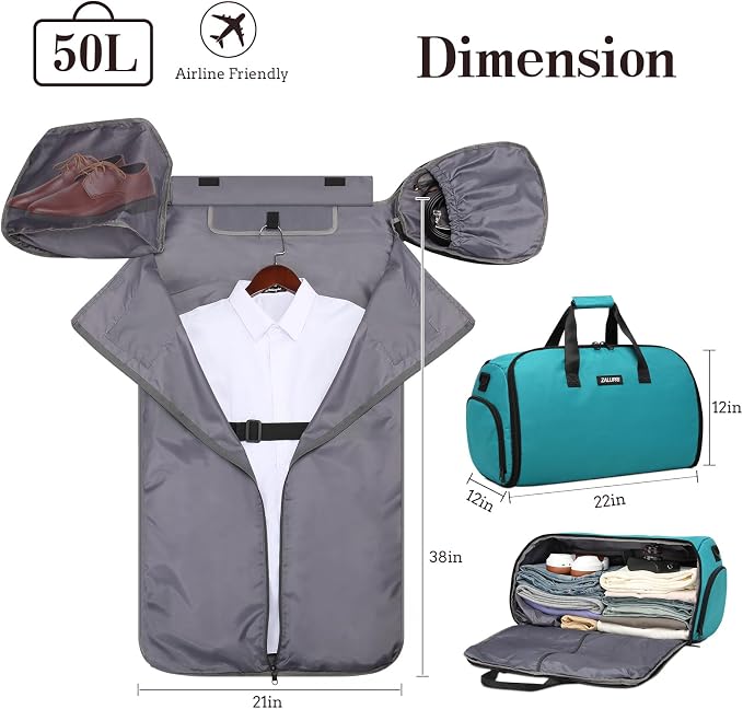 Garment Duffle Bags for Travel, Carry On Garment Duffel Weekender Bag 45L | 2-days Trip,Wrinkle-Free Travel,Separate Shoe Pocket | Overnight Garment Bag for Vacation, Business Trips, Weekend - Image 4