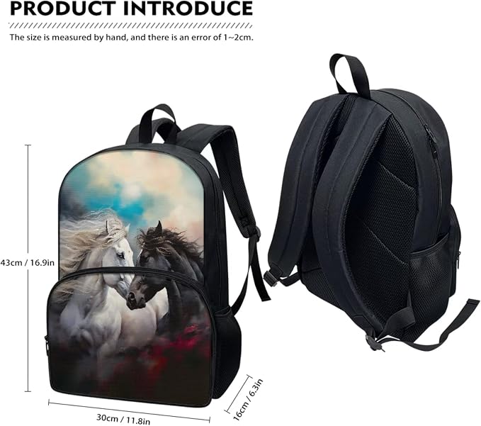Elementary School Bags Cool Horse Backpack Kids School Bookbags with Insulated Lunch Tote Pencil Pouch 3 Pieces Set Back to School Backpack Schoolbag Set for Kids - Image 5