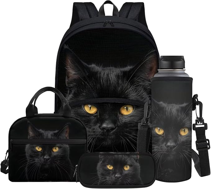 Black Cat Print 4pcs Backpack Set for Kids, Teenage Students Bookbag with Lunch Bag & Pen Pouch & Water Bottle Cover for School Sport Travel by Glomenade