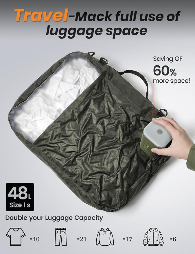12 Travel Vacuum Bags with Pump for Travel Camping Sports Business TPU&PAPE Space Saver 2 Pack Storage with Portable Air Pump, Compression Packing for Clothes, Luggage, Suitcases - Green 48L - Image 4