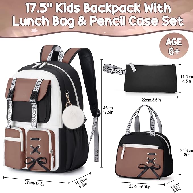 Fimibuke Backpack for Girls, 3 PCS Waterproof Girls Backpack with Lunch Box & Pencil Case, Kid Backpacks for Teen Girl Kindergarten Elementary Middle High School Student Back to School Kid Bookbag Set - Image 2