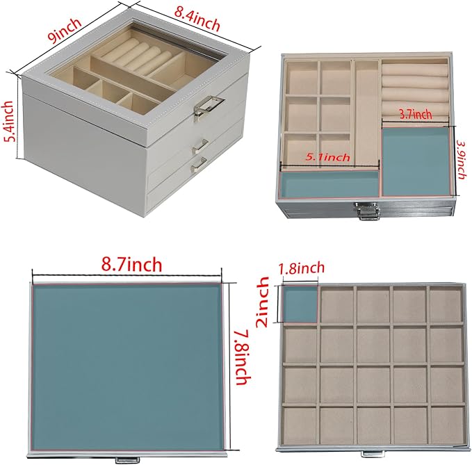 BOOVO Clear Lid Jewelry Box,3 Layers Jewelry Organizer Large Jewelry Storage Box with 2 Drawers,Jewelry Holder Organzier of Rings Earrings Necklace Bracelets for Women (Grey, 3 Layer) - Image 3