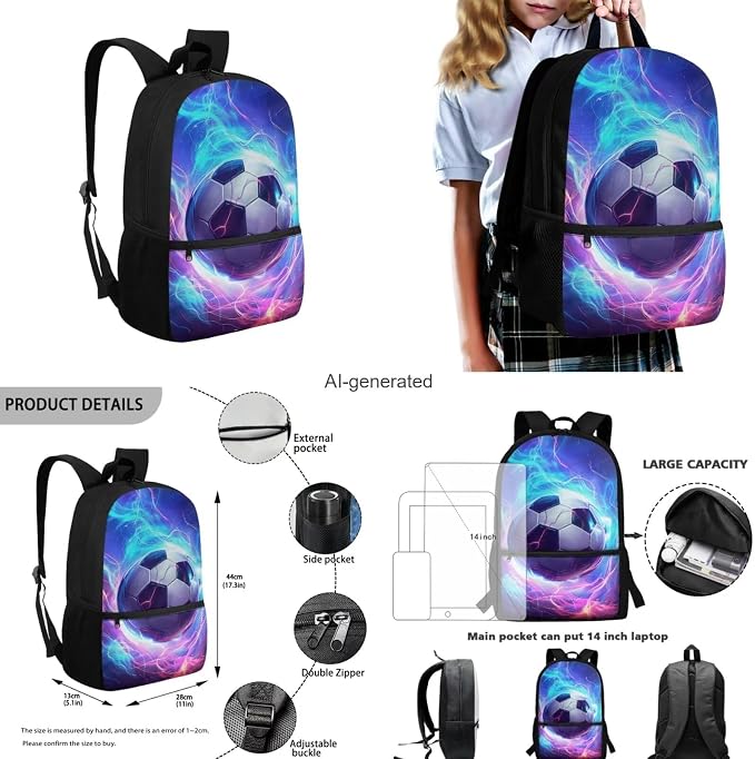Lightning Soccer Backpack for Boys Girls Backpack with Lunch Box Water Bottle Holder with Strap and Pencil Case 4PCS Set Bookbag with Front Pocket for School 17 inch Sturdy School Bag for Kids - Image 3
