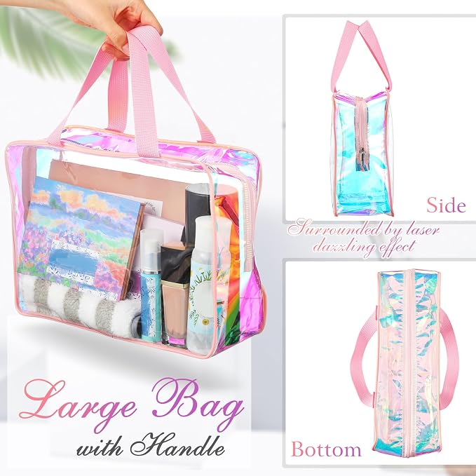 Sweetude 6 Pcs Large Clear Toiletry Bag with Handle Large Capacity Travel Iridescent Beach Makeup Bag PVC Clear Plastic Tote Punch Cosmetic Clothes Storage Organizer for Women Men (Pink) - Image 3