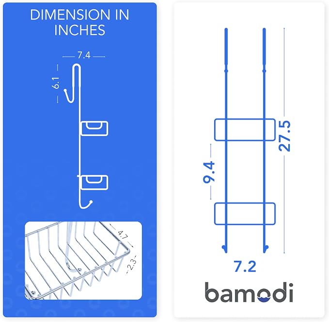 Bamodi Shower Caddy Hanging - 2 Tier Over Door Chrome Plated - No Drilling Required - Fits Shower Screens up to 0.78 inches - Hangable Shower Rack with 2 Towel Hooks (27.5 x 7.5 x 7.3 INCHES) - Image 3