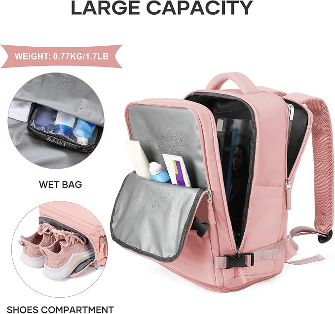 coowoz Large Travel Backpack For Women Men,Carry On Backpack,Hiking Backpack Waterproof Outdoor Sports Rucksack Casual Daypack Travel Essentials Pink - Image 7
