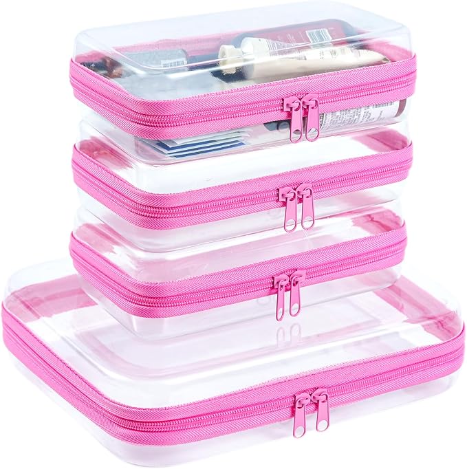 4 pcs Clear Zipper Pouches, Hard Shell Zipper Case, Makeup Organizer | Travel Toiletry bag, Diaper Bag, Travel Organizer, Clear Cosmetic Bag,Toy Storage Bins (M+3S Pink) by WELPIRT