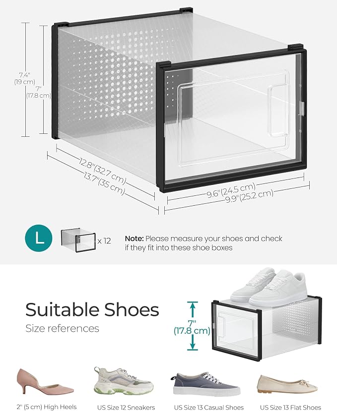 SONGMICS Shoe Boxes, Pack of 12 Shoe Storage Organizers, Stackable Clear Plastic Boxes for Closet, Sneakers, 13.7 x 9.9 x 7.4 Inches, Transparent and Black ULSP007B12 - Image 5