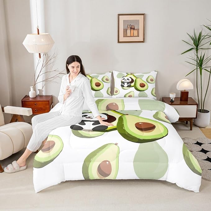 Erosebridal Panda Comforter Set Queen,Avocado Bedding Set Cute Black White Panda Bedding Bear Cat Bedding Comforter for Kids Boys Girls Green Tropical Fruit Quilt Duvet Set Room Decor 2 Pillow Cases - Image 4