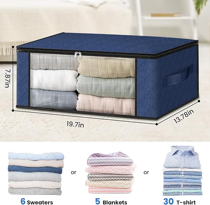 HomeHacks Storage 6-Pack Clothes Organizer Storage Bags Foldable Storage Box with Large Clear Window Sturdy Handles for Closet, Dorm, Pillows, Bedding, Clothes, Blankets, 35L, Blue - Image 2