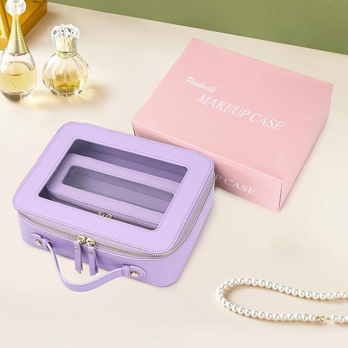 Pinkmik Clear Makeup Bag with Brush Bag 2pcs Waterproof Travel Case for Cosmetics and Toiletries Women's Cosmetic Organizer with Zipper (X/Purple, L+SLIM) - Image 6