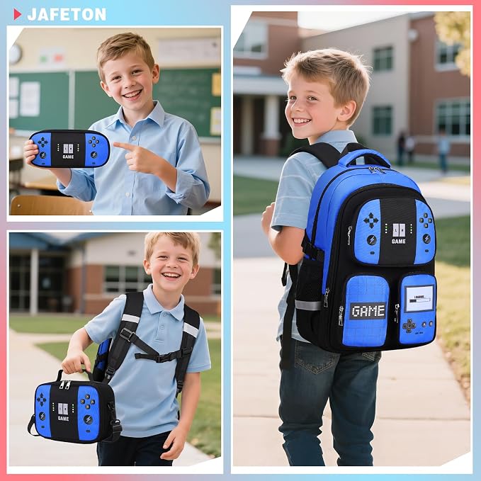 Jafeton Gamer Backpack for Boys, 3PCS Boys Backpack with Lunch Box & Pencil Pouch, Waterproof School Bags for Boy Kids Children Teens, Elementary Middle School, Kids Book Bag Casual Daypack (Blue) - Image 8