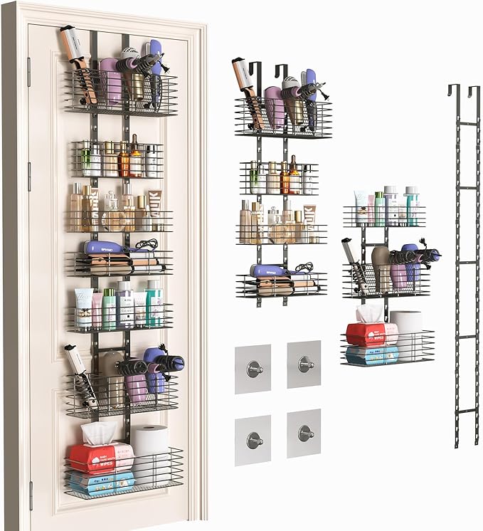 Yuyetuyo 7-Tier Over The Door Organizer, Shower Caddy Hanging &Wall Mounted Hair Tool Organizer/Hair Dryer Holder Adjustable, Behind Door Storage for Bathroom Bedroom Closet Cabinet Pantry Kitchen by Yuyetuyo