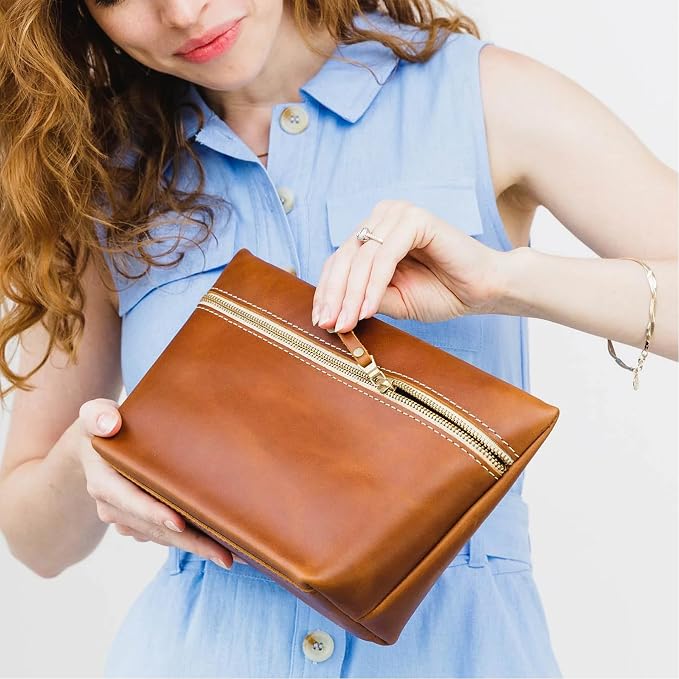 Portland Leather Goods Makeup Bag – Travel Friendly Cosmetic Bag with Zipper Closure for Organizing Makeup & Toiletries – Handmade from the Finest Full-Grain Hides – Large, Honey - Image 2