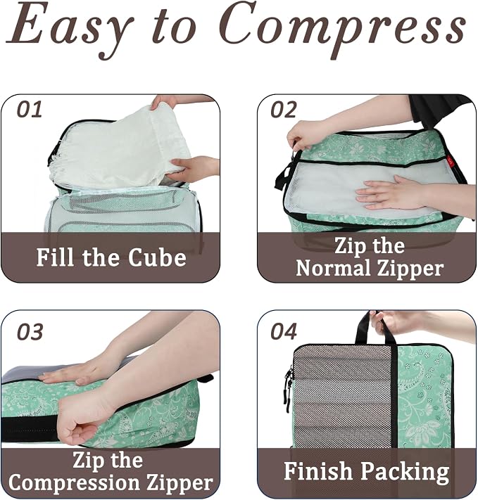 U+U 4 Set Compression Packing Cubes - Ultralight Travel Organizers, Space-Saving Suitcase Organizer, Expandable Packing Cubes for Travel, Business Trip and Family Vacation (Green Paisley) - Image 4