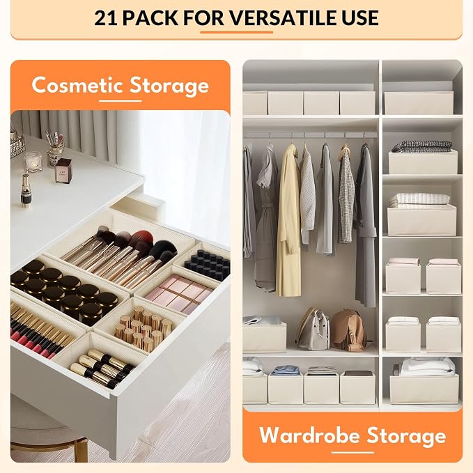 FANS-ONE Drawer Organizer Clothes - 21 Pack 3 Size, Light Beige | Foldable, Dresser Organizer for Baby Clothes, Underwear, Socks, Storage Bins for Nursery, Bedroom - Image 5