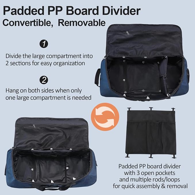 Bagenerous 110L/140L Expandable Soft-Sided Foldable Duffle Bag with 2 Rubber Wheels,Packable 32” Rolling Carry-On with Multi-Pockets & Compartments,Navy Blue - Image 7