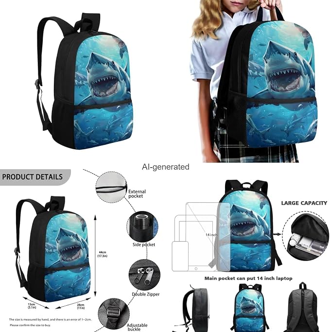 Shark Backpack for Boys Kids Backpack with Lunch Box Water Bottle Bag and Cute Pencil Case 4PCS Set Bookbag with Front Pocket for School Teens 17 inch Large Capacity School Bag for Girls - Image 3
