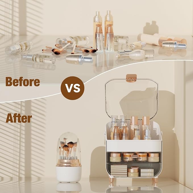 Makeup Organizer Countertop & 360° Rotating Makeup Brush Holder, Skincare Holder with Lid and Drawers, Storage Box Cosmetic Display Cases, Teen Girl Gifts, Vanity, Bathroom Counter,Rose Gold - Image 5