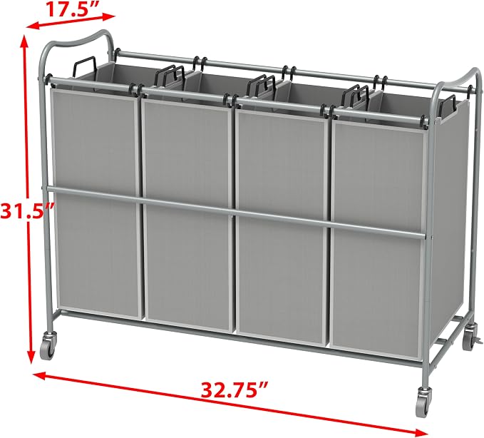 Simple Houseware 4-Bag Heavy Duty Laundry Sorter Rolling Cart, Silver | Removable Bags and Lockable Wheels for Laundry Room Organization - Image 2