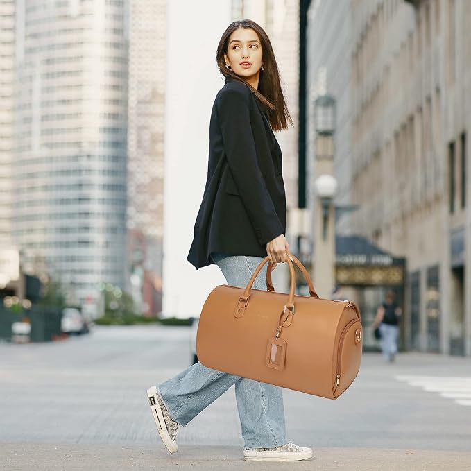 Modoker Women Convertible Leather Garment Bag with Shoulder Strap, PU Leather Garment Duffel Bag Carry on 2 in 1 Hanging Suitcase Suit Travel Bags, Coffee - Image 6