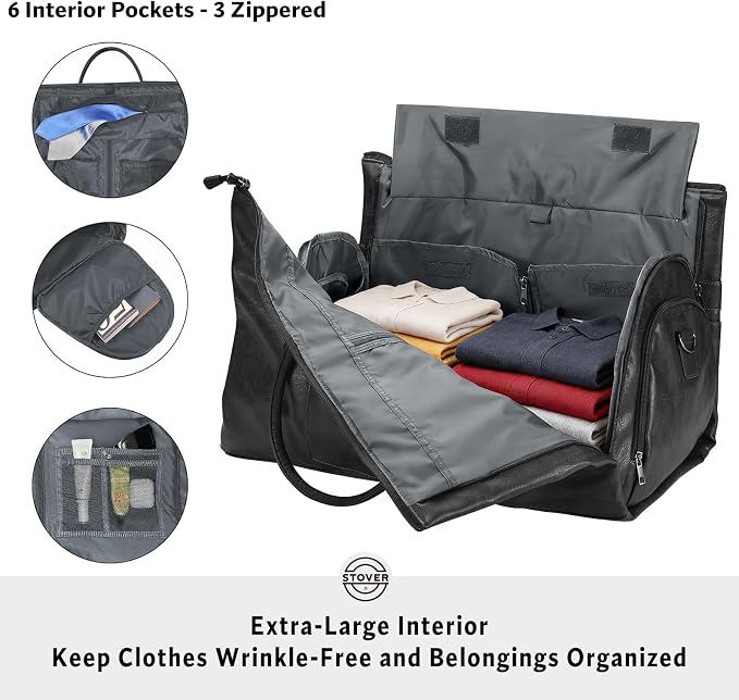 STOVER Garment Travel Duffle Bag, Large 2-in-1 Convertible Carry-on Luggage for Men & Women- Hanging Suits, Dresses & Clothes + Shoe Compartment- Weekender Tote Combo Duffel (Black Leatherette) - Image 3