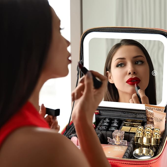 Extrei Gent Makeup Travel Train Case with Mirror LED Light 3 Adjustable Brightness Large Cosmetic Bag Portable Storage Adjustable Partition Waterproof Brushes Make up Jewelry Gift for Women - Image 6
