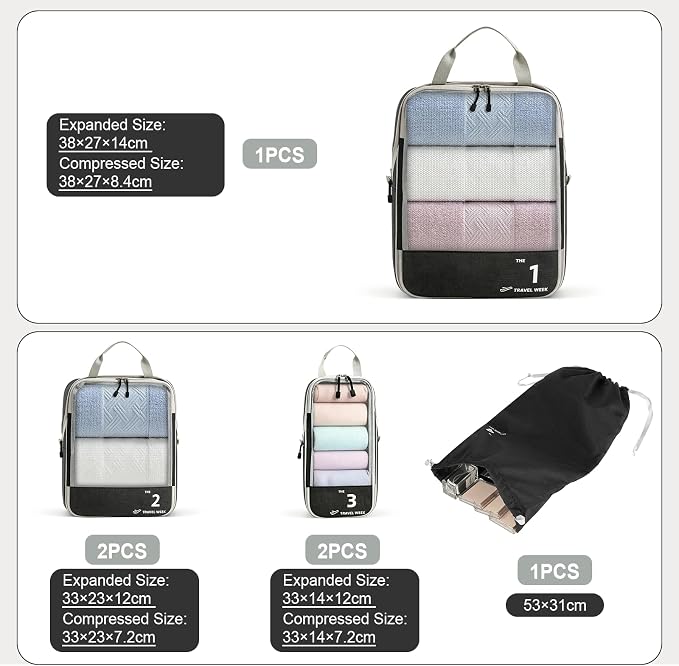 AiQInu Packing Cubes Compression, Pack of 6 Packing Bags, Compression Suitcase Organiser Set with Laundry Bag and Drawstring Bag, Expandable, Travel Pack Organiser for Hand Luggage - Image 4
