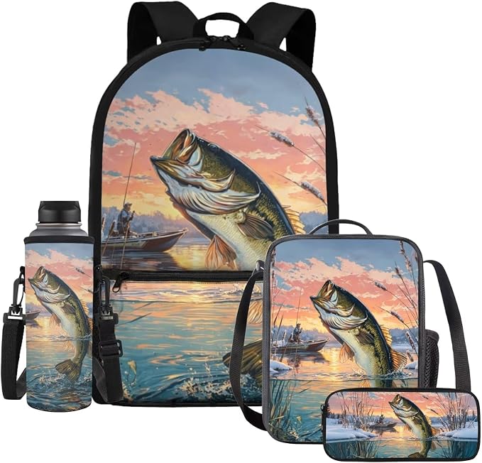 Bass Fishing Boys Backpack with Insulated Lunch Bag 4 Piece Set, Outdoor Fishing Camping School Bag for Boys Ages 6-12, Keep Food Fresh All Day 17 Inch Waterproof Bookbag by Dremagia
