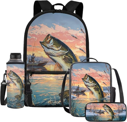 Bass Fishing Boys Backpack with Insulated Lunch Bag 4 Piece Set, Outdoor Fishing Camping School Bag for Boys Ages 6-12, Keep Food Fresh All Day 17 Inch Waterproof Bookbag by Dremagia