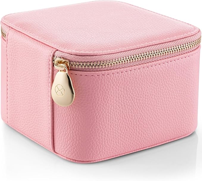 VLANDO Travel Jewelry Box for Women,Faux Leather Jewelry Case with 6 Velvet Jewelry Zipper Pockets,Gift Ideas for Women Wife Earrings Necklace Rings Storage Boxes(Strawberry Pink) - Image 8