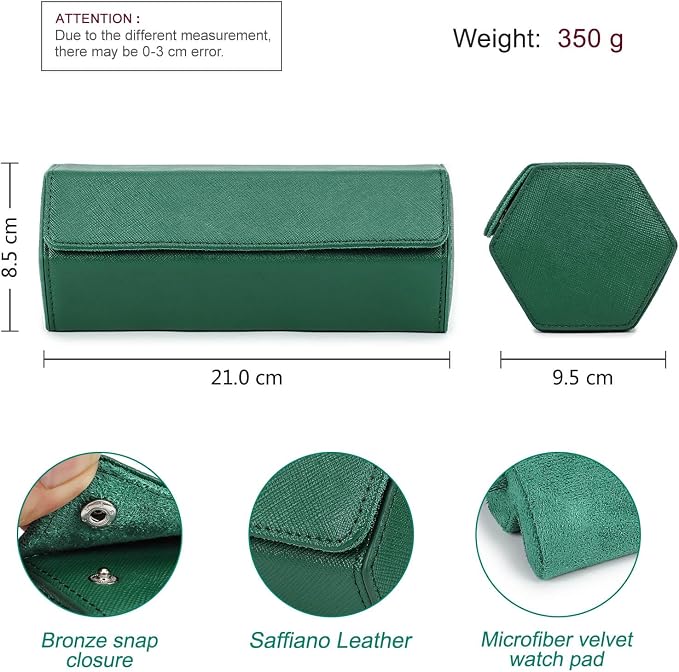 Hiram Genuine Leather Hexagon Watch Roll Travel Case, Leather 3-Watches Roll Case with Removable Pillow Cushion for Treasured Watches and Bracelets -Green - Image 3