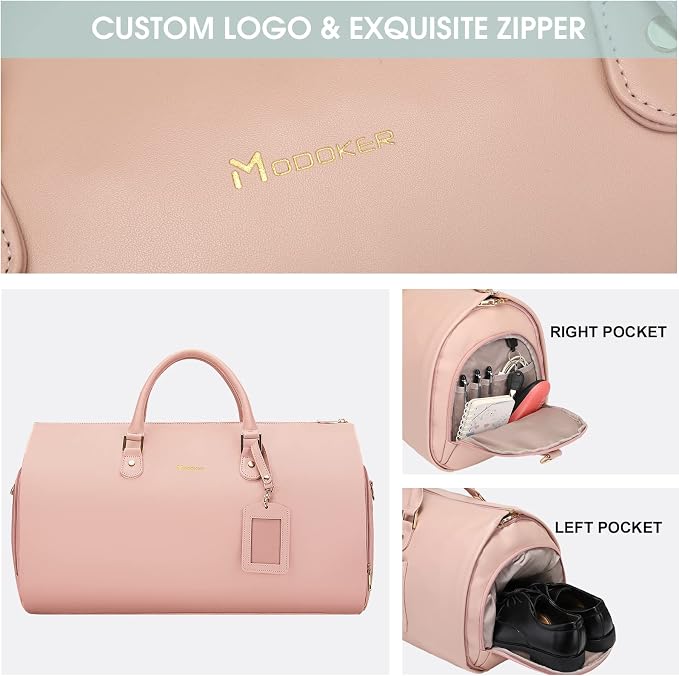 Modoker Women Convertible Leather Garment Bag with Shoulder Strap, Carry on Garment Duffel Bag - 2 in 1 Hanging Suitcase Suit Travel Bags Pink - Image 4