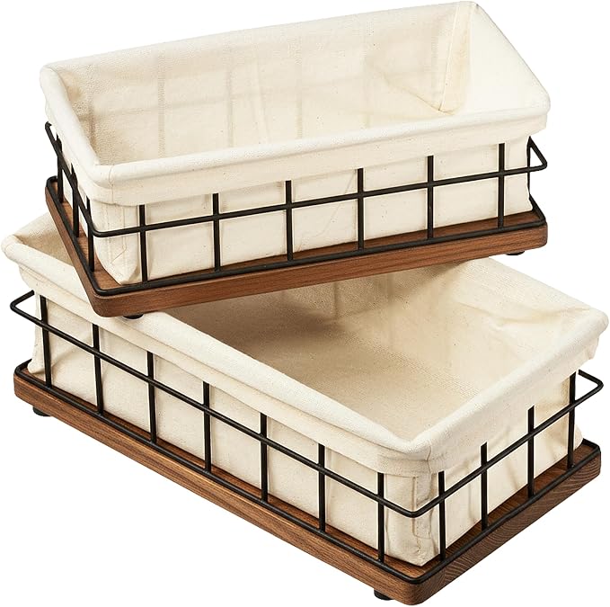 BAOBAB WORKSHOP Wooden Bathroom Basket Organizer & Storage, Toilet Paper Basket for Back of Toilet Tank Topper Tray, Paper Holder Basket for Bathroom Decor Box with Liners, Solid Wood & Wire, Set of 2 by BAOBABWORKSHOP