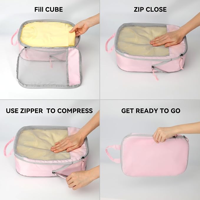 Voova 6 Set Compression Packing Cubes, Travel Accessories Expandable Packing Organizer Bags Set for Carry on Suitcase, Durable Luggage Packing Cubes for Travel Essentials, Pink - Image 6
