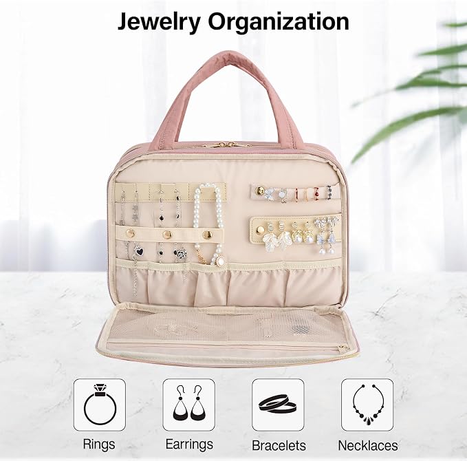 Hanke Hanging Travel Toiletry Bag with Jewelry Organizer, Pink | Large Capacity, Holds Full-Size Bottles, Water & Stain Resistant, 360° Swivel Hook, Trolley Sleeve, Women's Makeup Organizer - Image 3