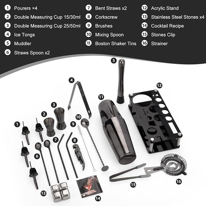 Cocktail Shaker Set, 23-Piece Boston Stainless Steel Bartender Kit with Acrylic Stand & Cocktail Recipes Booklet, Professional Bar Tools for Drink Mixing, Home, Bar, Party - Black - Image 3
