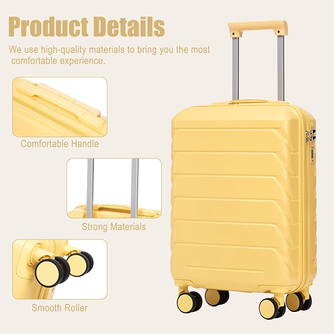 GDFStudio 20" ABS Hardshell Checked Luggage, Medium Capacity Travel Suitcase with Scratch Resistant Surface, 360° Silent Spinner Wheels, Combination Lock, Telescopic Handle and Side Hooks, Yellow - Image 4