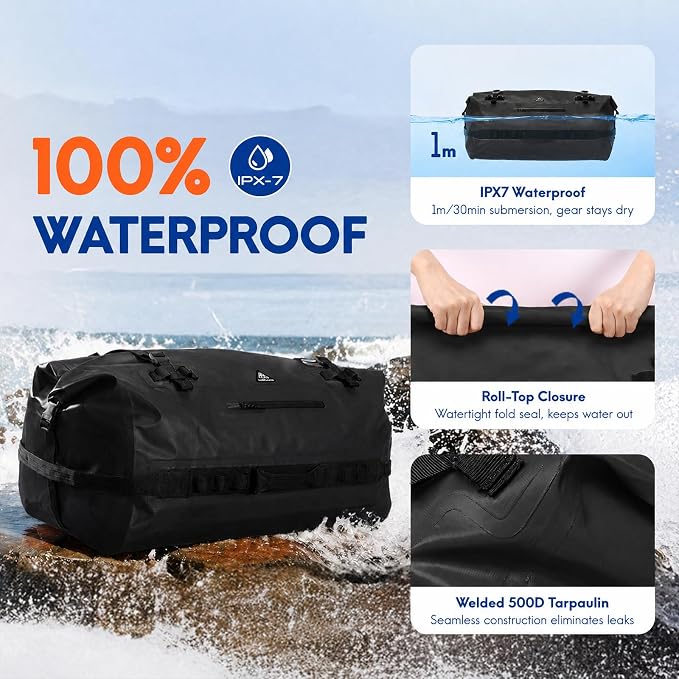 Haimont IPX7 Waterproof Roll-Top Dry Duffel Backpack | 60L/90L Sizes, 500D Tarpaulin, Welded Seams, Mesh Pockets, Boating & Kayaking - Image 2