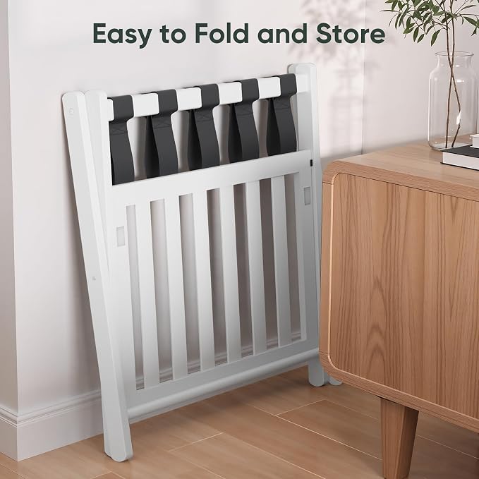 Smart FENDEE 2 Packs Fully Assembled Luggage Racks with Shoe Shelf, Suitcase Stand with Fold & Lock System, Bamboo Luggage Stand Ideal for Guest Room, Bedroom, Hotel, White - Image 7