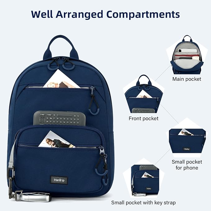 HanTrip Carry On Travel Backpack For Men Women, 13 Inch Small Mini Work Bag Personal Item Backpacks, Camping Back Pack Lightweight Hiking Daypack For Office Nurse Commuter (Navy Blue) - Image 3