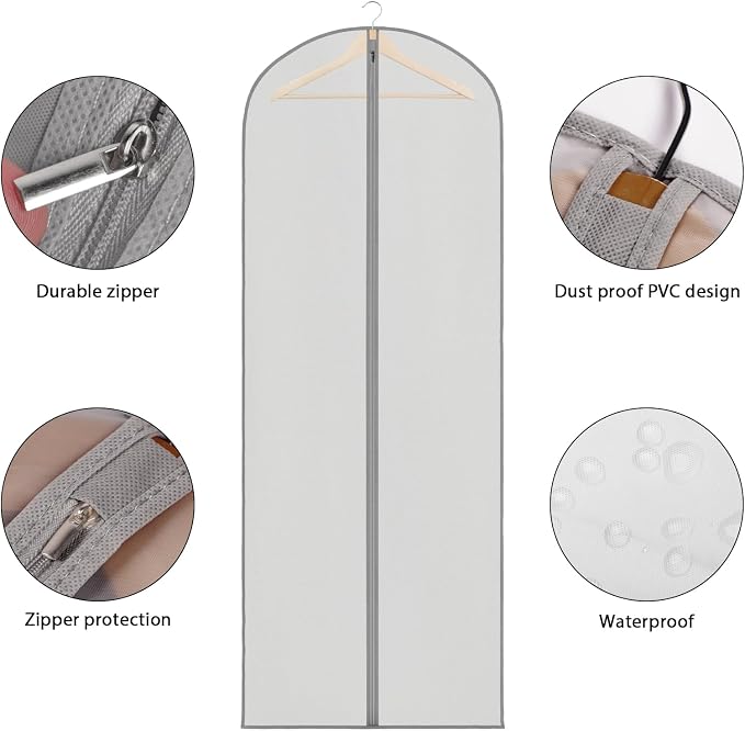 Zilink 65" Dress Bags for Gowns Long Extra Long Garment Bags for Hanging Clothes Dress Cover Bag for Closet Storage Grey, 3 Pack - Image 3
