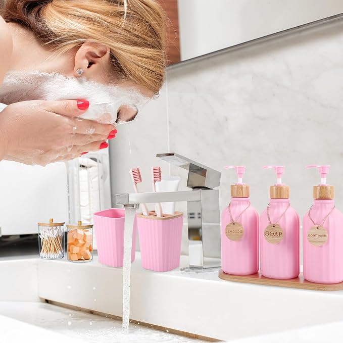 Pink Bathroom Accessories Set 17PCS Bathroom Set with Trash Can 3PCS Lotion Soap Dispenser, Toothbrush Holder, Soap Dish,Tumbler Cup,6PCS Wood Tags Bath Accessories with Tray for Kitchen Bathroom - Image 3
