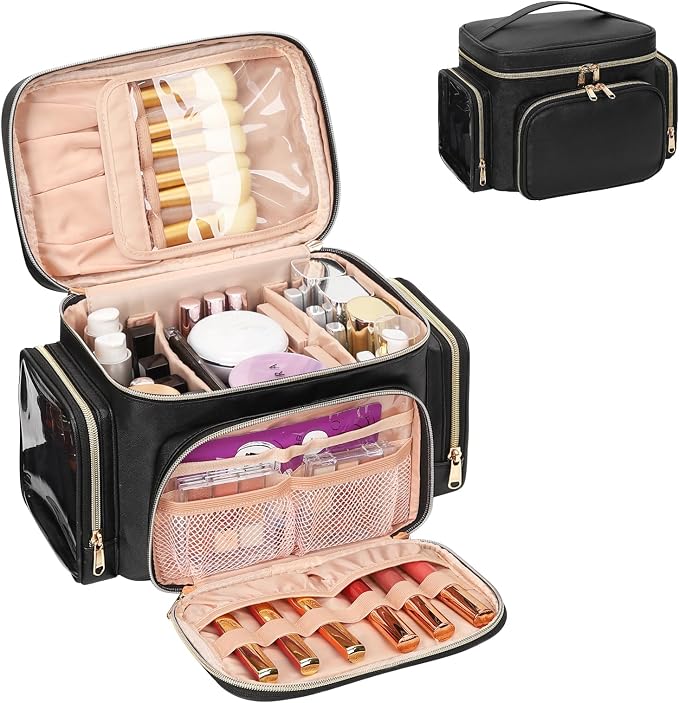 Bagmoly Large Makeup Bag, Portable Travel Makeup Bag Organizer for Women Girls with Makeup Brush Compartment & Two Side Pockets, Cosmetic Travel Bag Vertical Storage Toiletry Bag - Black by OrganizeYourMakeup