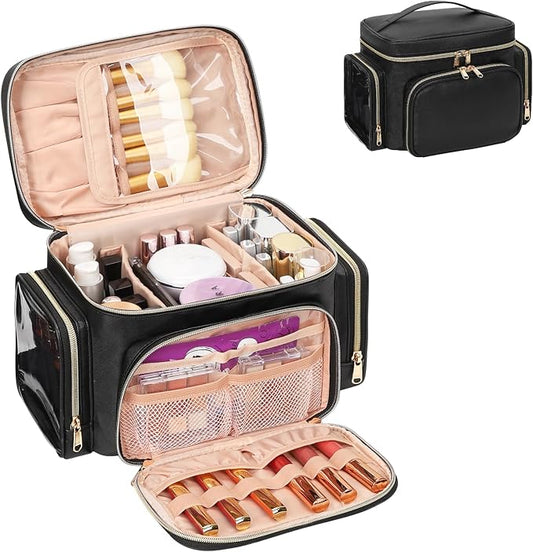 Bagmoly Large Makeup Bag, Portable Travel Makeup Bag Organizer for Women Girls with Makeup Brush Compartment & Two Side Pockets, Cosmetic Travel Bag Vertical Storage Toiletry Bag - Black by OrganizeYourMakeup